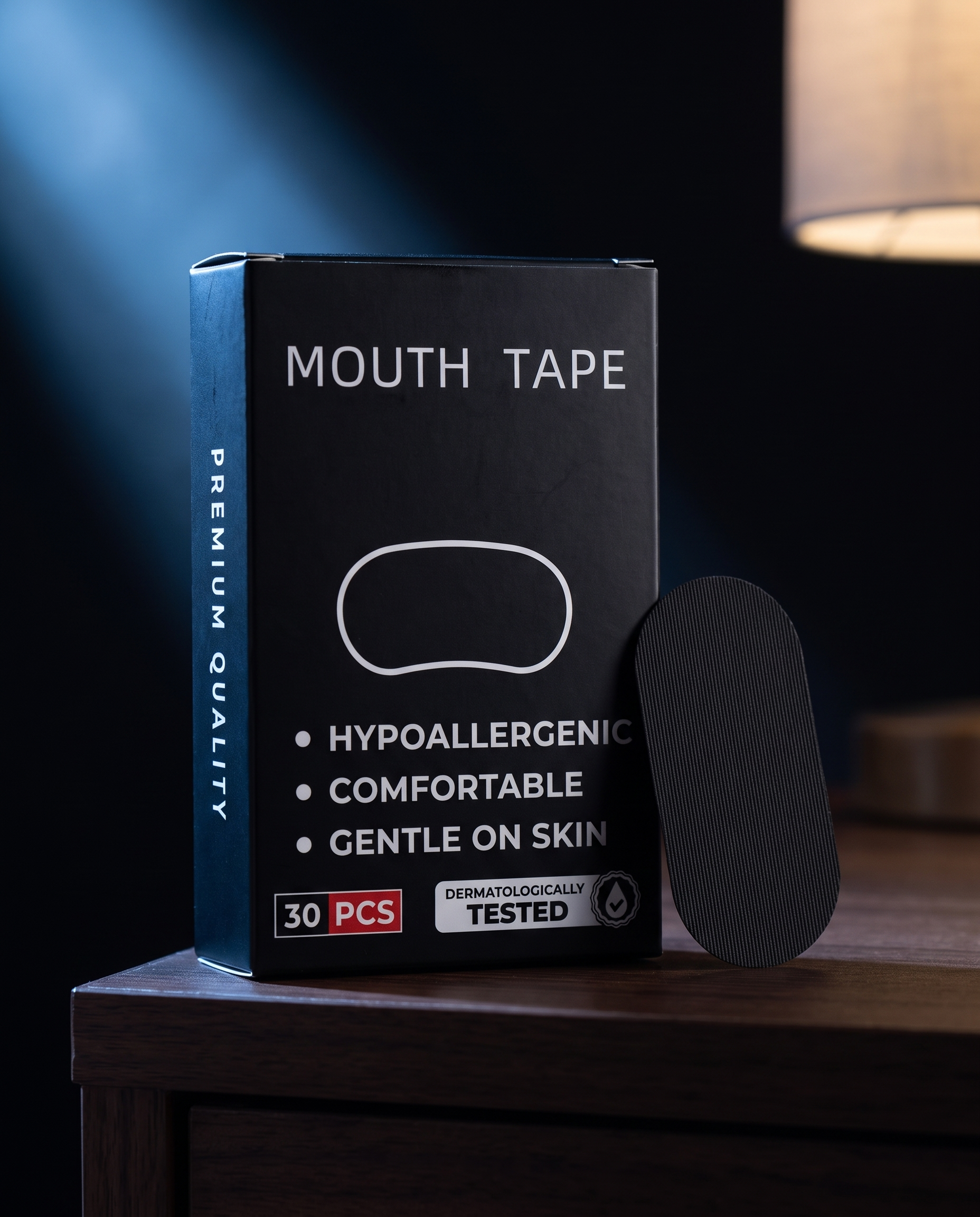 Nightdoze sleep strips on a nightstand at night