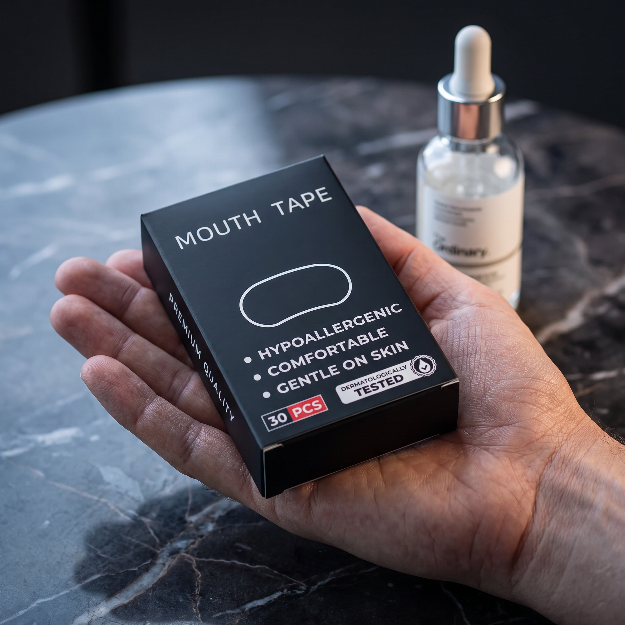 Box in hand next to a serum bottle for scale