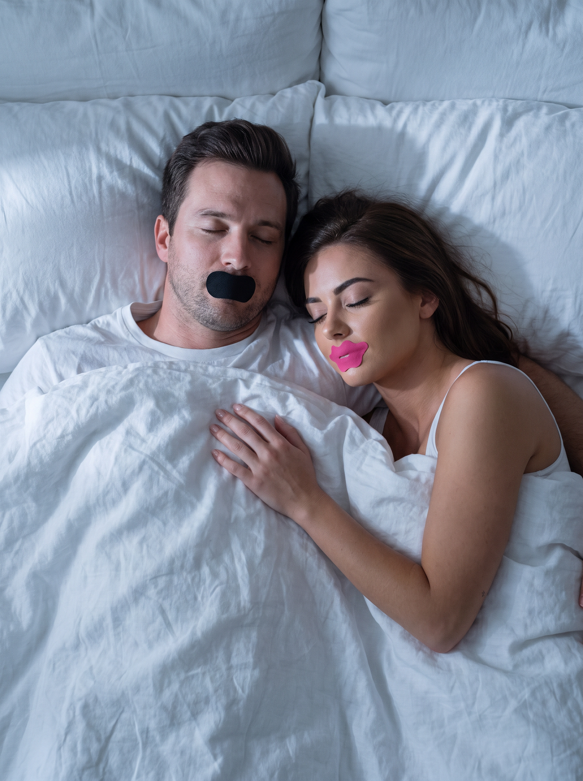 Couple asleep in the same bed wearing their strips
